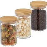 Relaxdays Vorratsgl&auml;ser mit Bambusdeckel, 3er Set, runde Vorratsdosen aus Glas, 800