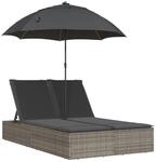 vidaXL Doppel-Sonnenliege mit Kissen & Sonnenschirm Grau Poly Rattan