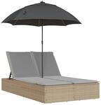 vidaXL Doppel-Sonnenliege mit Kissen & Sonnenschirm Beige Poly Rattan