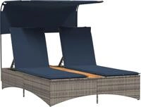 vidaXL Doppel-Sonnenliege mit Dach und Kissen Grau Poly Rattan