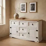 Sideboard CAMPO, Kommode Kiefer massiv, wei&szlig; lasiert, 5 Schubladen und 2 T&uuml;ren -
