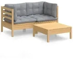 vidaXL 3-tlg. Garten-Lounge-Set mit Grauen Kissen Kiefernholz - Grau