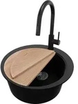 PRIMAGRAN Granitsp&uuml;le Schwarz 53x53cm, Sp&uuml;lbecken Rund 1 Becken + Ablauf-Set +