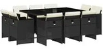 vidaXL 11-tlg. Garten-Essgruppe mit Kissen Schwarz Poly Rattan - Schwarz