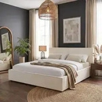 Polsterbett CALM in 160x200 cm in Leinenoptik, Cremewei&szlig; - Doppelbett mit...