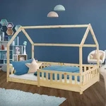 ML-Design Kinderbett 90x200 cm mit Rausfallschutz, Dach und Lattenrost, Natur,