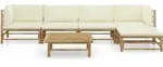 vidaXL 6-tlg. Garten-Lounge-Set mit Cremewei&szlig;en Kissen Bambus - Wei&szlig;