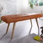 FineBuy gepolsterte Sitzbank 120cm Massivholz Echtleder Braun - Polsterbank f&uuml;r