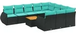 vidaXL 11-teiliges Gartensofa-Set mit Kissen, schwarzes Polyrattan - Schwarz