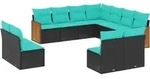 vidaXL 11-teiliges Gartensofa-Set mit Kissen, schwarzes Polyrattan - Schwarz