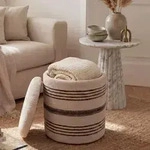 WOHNLING Sitzhocker mit Stauraum aus Wolle 40cm Beige Stoff Rund Design Boho