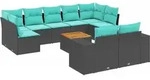 vidaXL 10-teiliges Gartensofa-Set mit Kissen, schwarzes Polyrattan - Schwarz