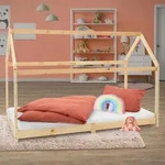 ML-Design Kinderbett 90x200 cm mit Dach und Lattenrost, Natur, Hausbett aus...