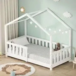 ML-Design Kinderbett Hausbett 70x140 cm Wei&szlig;, Holzbett mit Rausfallschutz...