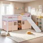 Homestyle4u Hochbett 90x200 Kinder Wei&szlig; mit Lattenrost Rutsche Vorhang lila...