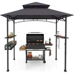 COSTWAY Grillpavillon mit Doppeldach, Seitenregalen, Metallkorb, Haken &