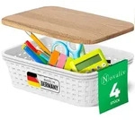 Novaliv 4er Set Elegante Aufbewahrungsk&ouml;rbe mit Holzdeckel Rattan-Optik | Wei&szlig;