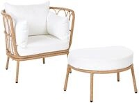 BELIANI Gartensessel Hellbraun Rattan mit Fu&szlig;hocker Auflagen Cremewei&szlig; Boho