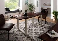 MASSIVMOEBEL24 Baumtisch Akazie 160x90x76 braun Beine silber matt FREEFORM 3