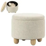 HOMCOM Hocker mit Stauraum, Runder Sitzhocker mit Deckel, Leinenoptik Beige -...