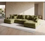 Wohnlandschaft mit Schlaffunktion & Bettkasten &ndash; Gr&uuml;n Chenille &ndash; XXL Sofa...