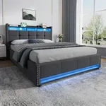 okwish Boxspringbett 140&times;200 mit Ladefunktion und LED,Stauf&auml;chern im