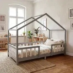 Kinderbett &rsquo;Treviolo&lsquo; in Haus-Optik mit Rausfallschutz Kiefernholz 90 x 200...