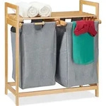 Relaxdays W&auml;schekorb mit Ablage, 2 F&auml;cher, 2x 30 l W&auml;sches&auml;cke, Bambus