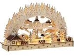 Monzana LED Schwibbogen Winterdorf Holz 45x28cm Lichterbogen Timer 11 LEDs Natur -