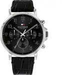 Tommy Hilfiger Daniel Armbanduhr silber schwarz Lederarmband - Silber