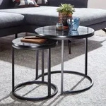 WOHNLING Design Beistelltisch 2er Set Schwarz Marmor Optik Rund Couchtisch...