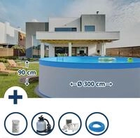 Stahlwandpool Set (6-teilig) rund 300 x 90 cm, Stahl 0,3 mm wei&szlig; Folie 0,2 mm blau