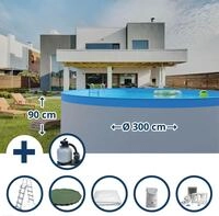 Stahlwandpool Set (7-teilig) hoch rund 300 x 90 cm, Stahl 0,3 mm wei&szlig; Folie...