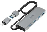 Hama USB-Hub 4 Ports, inkl. USB-C-Adapter u. Netzteil - Grau