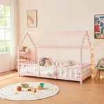 Kinderbett &rsquo;Sisimiut&rsquo; in Haus-Optik mit Rausfallschutz Kiefernholz 90 x 200...