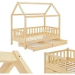 Juskys Kinderbett Marli 90 x 200 cm mit Matratze, Bettkasten, Lattenrost & Dach -