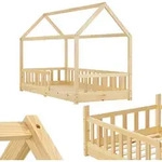 Juskys Kinderbett Marli 90 x 200 cm - Rausfallschutz, Lattenrost & Dach - Holz Natur