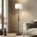 Lindby Stehlampe Aovan, schwarz, Ablage, USB-Anschluss