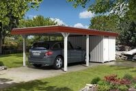 Carport Wendland 409x870 rote Blende, wei&szlig;, mit Abstellraum, Dachschalung und...