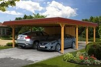 Skan Holz Walmdach Carport 630cm inkl. Abstellraum eiche rote Blende Holzcarport