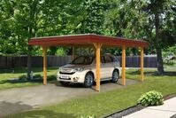 Carport Wendland 409x628 rote Blende, eiche hell, 20mm Dachschalung mit EPDM...