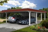Carport Wendland 630x879 rote Blende, wei&szlig;, mit Abstellraum, Dachschalung und...