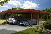 Carport Wendland 630x879 rote Blende, nussbaum, mit Abstellraum, Dachschalung...