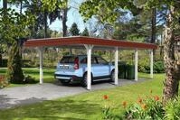 Skan Holz Walmdach Carport 409cm rote Blende Gr&ouml;&szlig;e 2 wei&szlig; Holzcarport