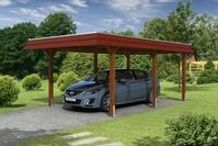 Carport Wendland 362x628 rote Blende, nussbaum, 20mm Dachschalung mit EPDM Folie
