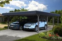 Skan Holz Walmdach Carport 630cm inkl. Abstellraum grau schwarze Blende...