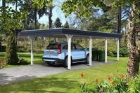 Skan Holz Walmdach Carport 409cm schwarze Blende Gr 2 wei&szlig; Holzcarport
