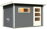 Karibu Gartensauna Pultdach Saunahaus Skrollan 1 mit Vorraum terragrau Moderne