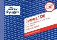 Quittung Avery Zweckform 1736, inkl. MwSt., A6 Querformat, 1 Block mit 2 x 40 Blatt,