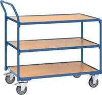 Tischwagen, 3 Ebenen, Stahl/Holz, blau-buche, B 850 x T 500 mm, bis 300 kg,
